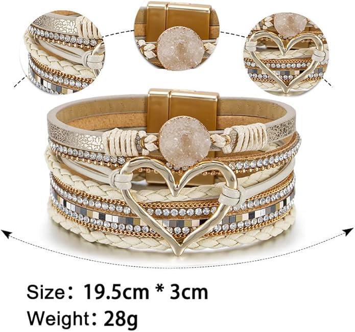 Fesciory Leopard Bracelet for Women, Boho Leather Wrap Multi-Layer Pearl Crystal Bracelet Bangle Jewelry