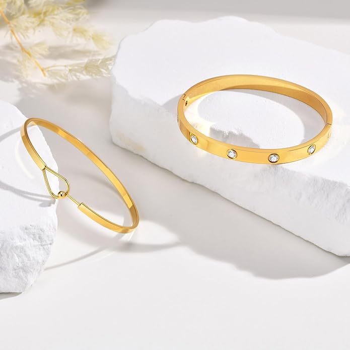 MPRAINBOW Gold Bracelets for Women, 2Pcs 18K Gold Plated Cubic Zirconia Bangle Crystal Friendship Bracelet Jewelry,Wedding Party Christmas Birthday Gifts for Her Girlfriend Sister Daughter