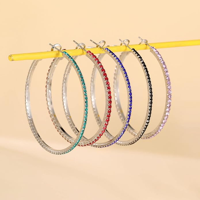 925 Sterling Silver Earrings Large Rhinestone Hoop Earrings Big Cubic Zirconia Hoop Earrings Thin Rhinestones Round Hoop Earrings for Women 20/30/40/50/60/70mm Sparkly Hoops With Crystals for Womens