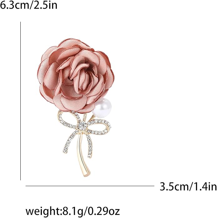 Dreuyet Rose Flower Brooch for Women Dainty Elegant Satin Fabric Flower Lapel Pins Vintage Pearl Camellia Crystal Pin Dress Suit Accessories Valentine's Day Wedding Bouquet Jewelry 