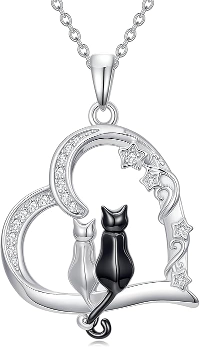 Cat Gifts for Women 925 Sterling Silver Heart Moon Cat Necklace Pendant Women Jewelry Halloween Christmas Gifts