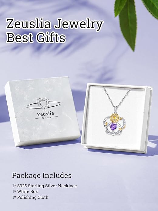 Zeuslia Double Birthstone Necklace Gifts for Wife - 925 Sterling Silver Sunflower/Rose/Crown Cross/Compass/Heart Pendant I Love You Necklace, Anniversary Birthday Gifts for Wife Girlfriend Mom Her