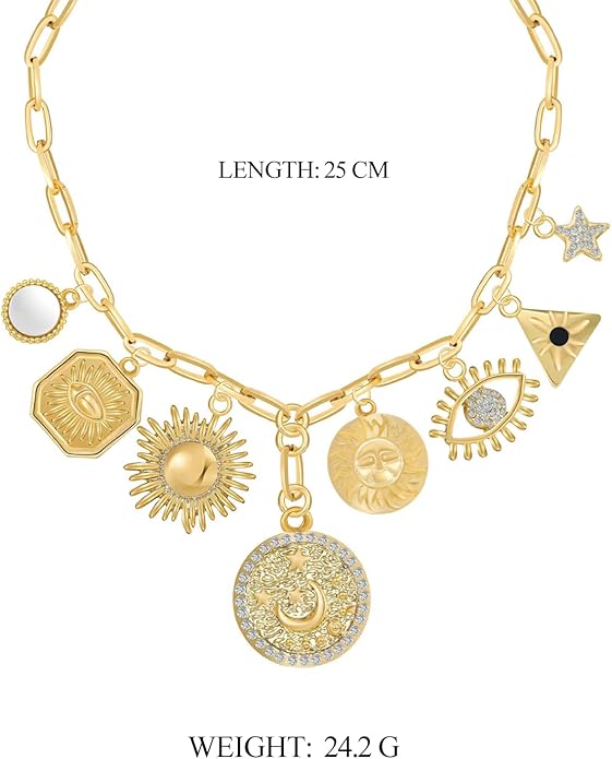 Charm Necklace for Women Gold Plated Chunky Evil Eye Sun Moon Flower Coin Pendant Dainty Handmade Paperclip Chain Necklace Jewelry for Women