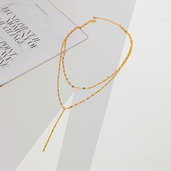Gold Necklace for Women, Dainty Gold Long Necklaces 14k Gold Plated Prom Bar CZ Lariat Necklace Simple Choker Necklaces for Women Trendy Boho Fashion Costume Jewelry Womens