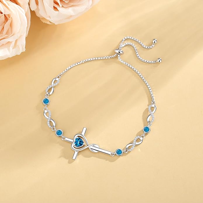 FANCIME Gift for Women Cross Bracelet 925 Sterling Silver Heart Birthstone Bracelet Fine Jewelry Birthday Gifts for Her Women
