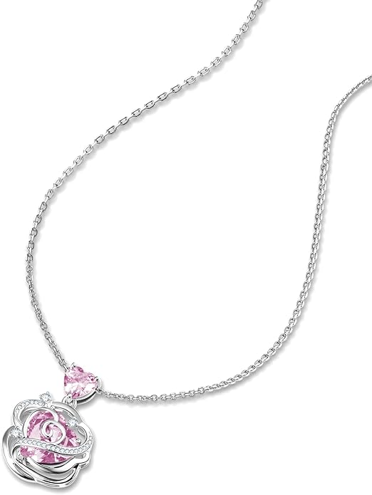 FANCIME Thornless Pulse Birthstone Necklace for Women Sterling Silver Rose Pendant Fine Jewelry Gemstone Birthday Valentines Day Gifts for Wife Her