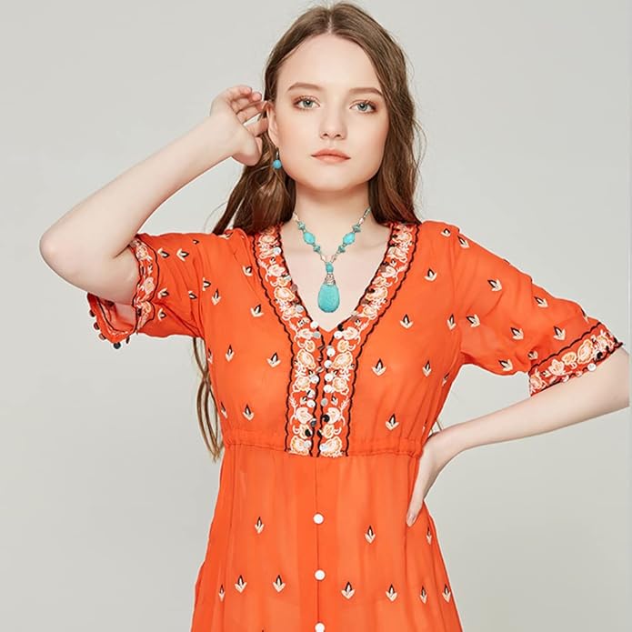 Bohemian Turquoise Necklace Set - Women's Western Jewelry with Long Choker, Pendant, Dangle Earrings, Layered Bracelets
