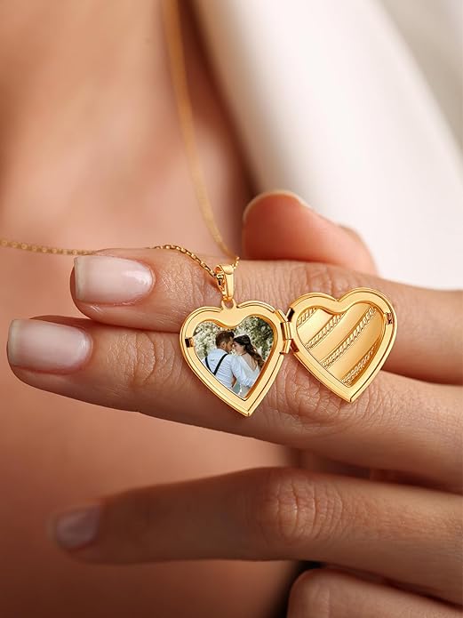 U7 Women Locket Necklace Platinum 14K Gold Photo Lockets that Hold Picture,Chain 20 Inch Personalized Gift Custom Love Heart Image Necklaces