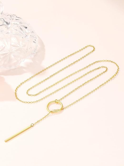 FOCALOOK Long Necklaces for Women 14K Gold Plated Dainty Drop Bar Pendant Lariat Y-Shaped Necklace Earring Set 28inch/73cm