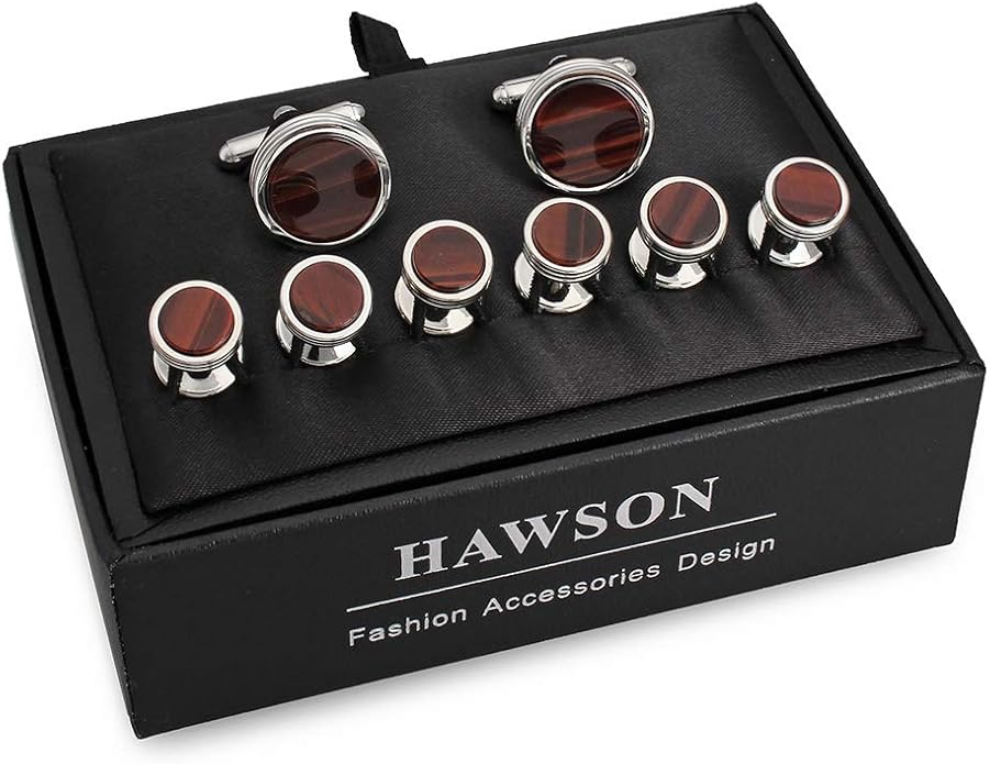 Mens Cufflinks and Studs Set for Tuxedo Shirt Mother of Pearl with a Gift Box (Tiger Eye Stone)