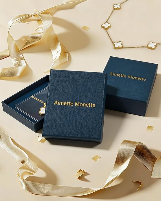 Aimétte Monette 18K Gold Plated Jewelry Set Clover Necklace Stud Earrings for Women Hypoallergenic Lucky Clover Pendant Necklace Gold Bracelets for Women Gifts