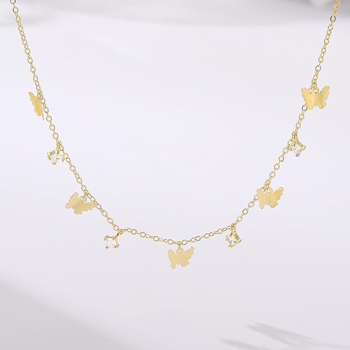 M MOOHAM Gold Clover Heart Pearl Butterfly Star flower Choker Necklace for Women - Dainty 14K Gold Plated Cubic Zirconia Cute Station Necklaces for Women Trendy Prom Jewelry Gifts