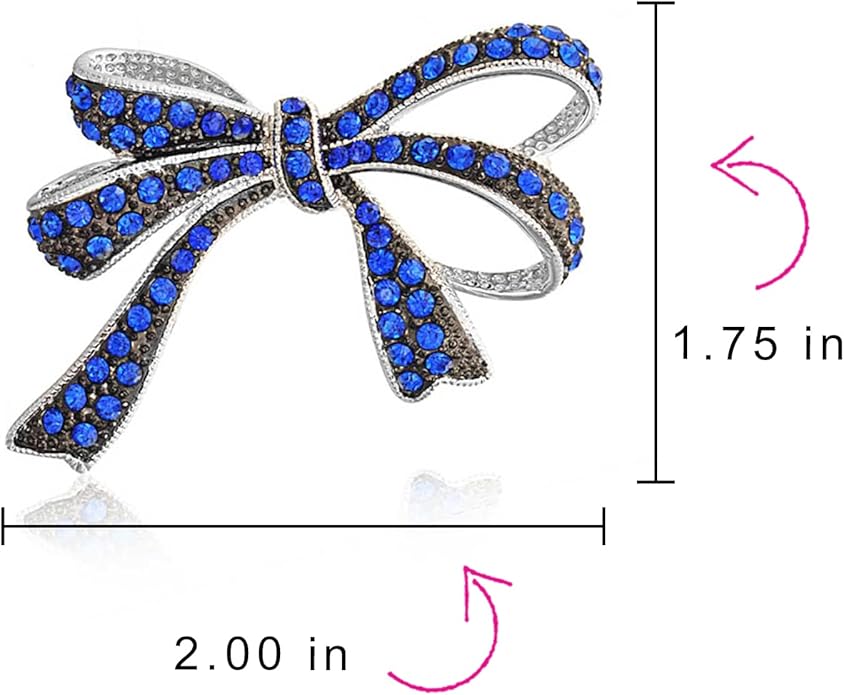 Winter Holiday Blue White Glittering Crystal Bridal Fashion Large Statement Ribbon Scarf Bow Brooch Pin For Women Rose Gold or Silver Plated
