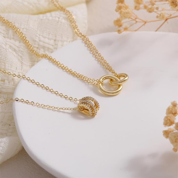 Gold Necklace for Women, Dainty 14K Gold Plated Pendant Necklaces for Women Trendy Simple Choker Chain Cubic Zirconia Circle/Interlocking/Sun Necklace Fashion Jewelry Birthday Christmas Gift