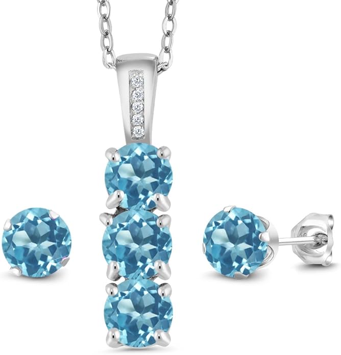 Gem Stone King 925 Sterling Silver 5MM Gemstone Birthstone and White Diamond 3-Stone Pendant and Earrings Jewelry Set For Women | With 18 Inch Chain