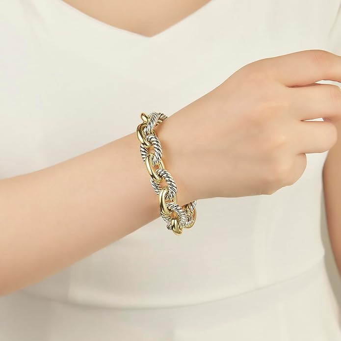 UNY JEWEL Twisted Cable Wire Link Chain Bracelet Two Tone Designer Brand Inspired Women Jewelry Valentine (2 Tone)