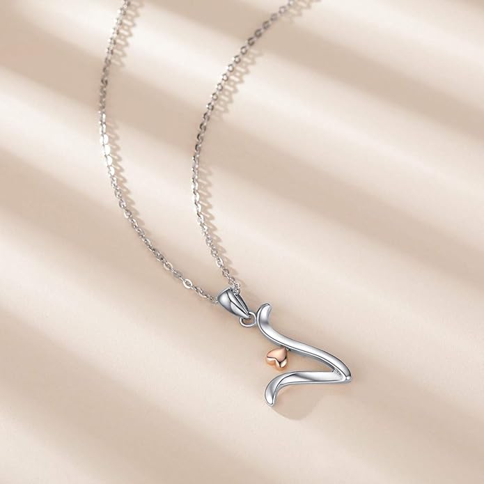 CELESTIA 925 Sterling Silver Initial Necklaces 26 Letter with Rose Gold Heart - 18 Inch Chain