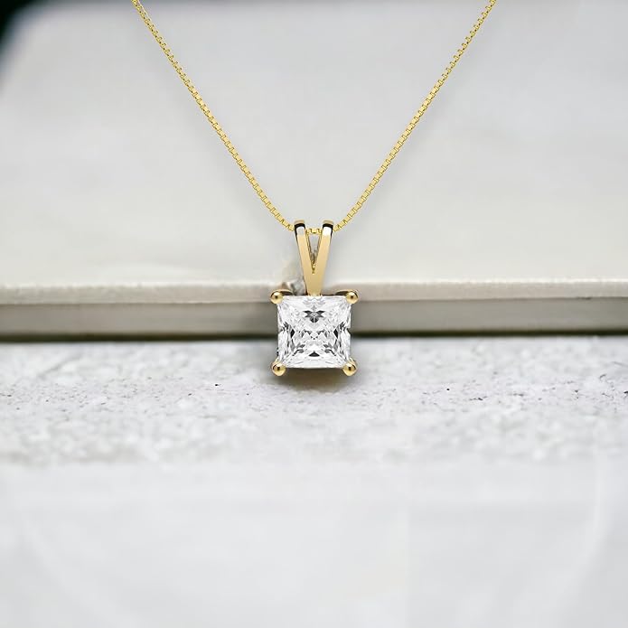 Everyday Elegance Solid 14K Gold Cubic Zirconia Solitaire Pendant Necklace for Women Heart, Princess, Round, Oval, Emerald, Pear & Cushion Cut 1 or 2 CTW | .60mm Thick 16" 18" Length Box Link Chain