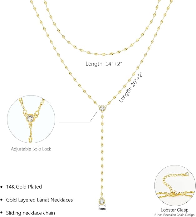 Luxval Lariat Gold Necklace for Women, Dainty Long Necklace 14k Gold Plated/Silver Y-Shaped Pendant Necklaces Trendy Beaded Chain Drop Necklaces Jewelry for Women Gifts