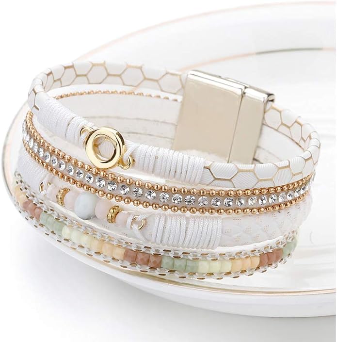 Fesciory Leather Wrap Bracelets for Women, Boho Leopard Multi-Layer Crystal Beads Cuff Bracelet Jewelry