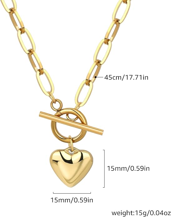 Chunky Gold Necklace for Women, 18K Waterproof Heart Necklace Statement Necklace Gold Charm Necklace Chunky Jewelry Paperclip Chain Choker Gift for Women