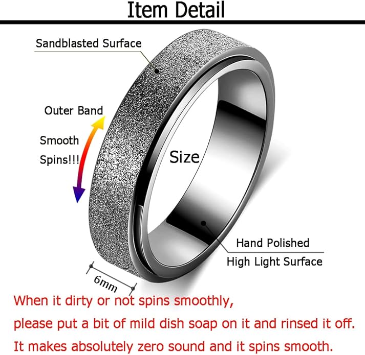 AmorArtSky Anxiety Ring for Women Men, Titanium Stainless Steel Spinner Ring, 5 Colors, 6MM, Size 6-10, 3 Styles Anxiety Ring-Moon Star, Sandblasted Finished, Hollow Outer