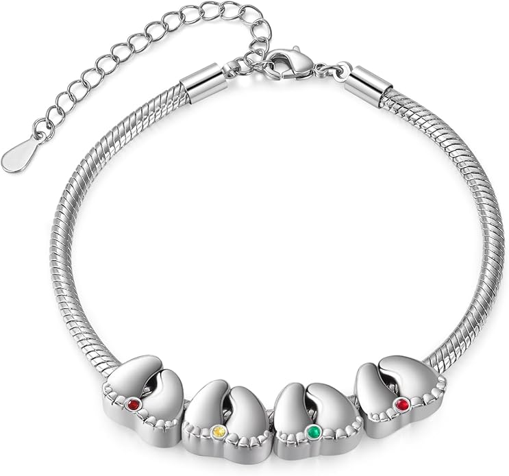 Jeweidea Personalized Foot Charm Birthstone Bracelet – Custom Engraved Bracelet with 1–5 Foot Charms, Name and Date Engraving, Meaningful Jewelry Gift for Mom Wife
