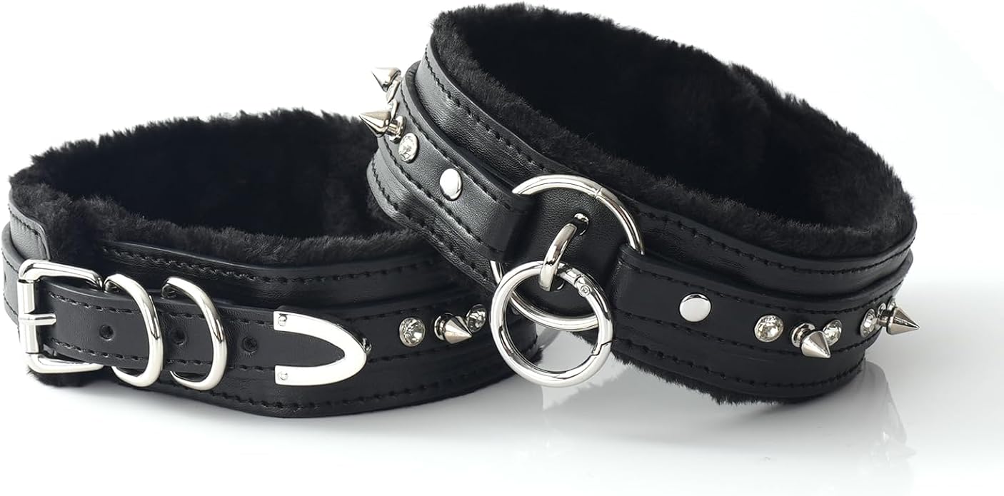 Gothic Punk Choker for Women, Handmade PU Leather Collar with Crystal Rivets Soft Inner Fur Comfortable Necklace