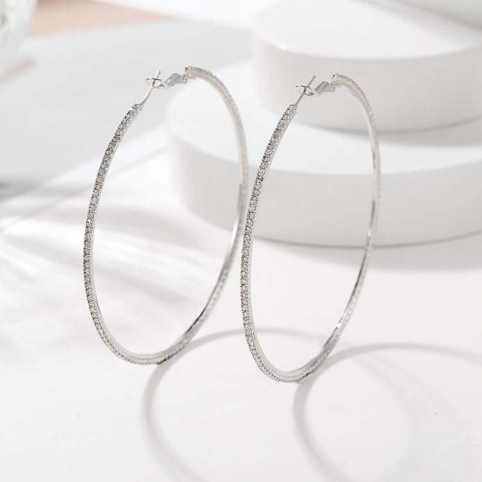 925 Sterling Silver Earrings Large Rhinestone Hoop Earrings Big Cubic Zirconia Hoop Earrings Thin Rhinestones Round Hoop Earrings for Women 20/30/40/50/60/70mm Sparkly Hoops With Crystals for Womens