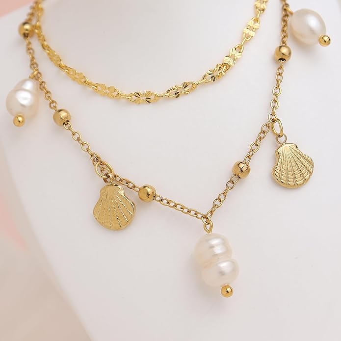 Dainty Gold Shell Pearl Charm Ankle Bracelet for Women Trendy non-Tarnish Adjustable Anklet Summer Beach Fashion Jewelry Gift