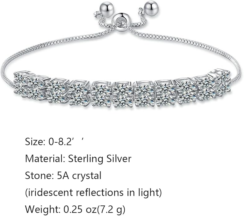 Italian Sterling Silver Women's Tennis Bracelets | Ladies' Sterling Silver Rope Adjustable Bracelet with Crystals | Gift for She