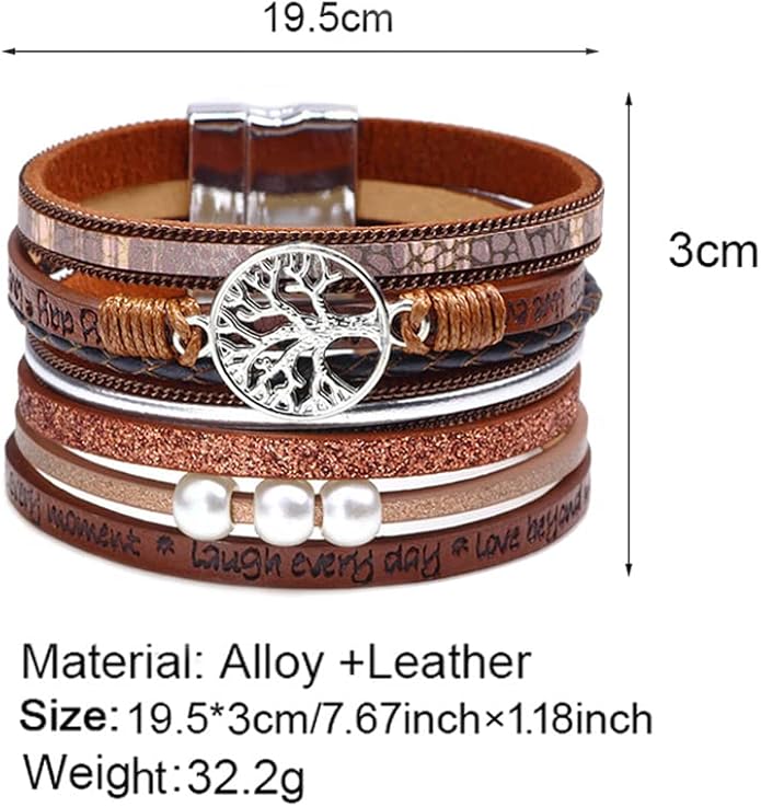 Fesciory Leopard Bracelet for Women, Boho Leather Wrap Multi-Layer Pearl Crystal Bracelet Bangle Jewelry