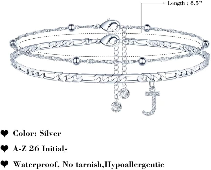 Ursteel Ankle Bracelets for Women, 14K Gold Plated Dainty Layered Chain CZ Initial Anklets Summer Jewelry Gifts for Women