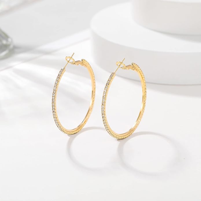 925 Sterling Silver Earrings Large Rhinestone Hoop Earrings Big Cubic Zirconia Hoop Earrings Thin Rhinestones Round Hoop Earrings for Women 20/30/40/50/60/70mm Sparkly Hoops With Crystals for Womens