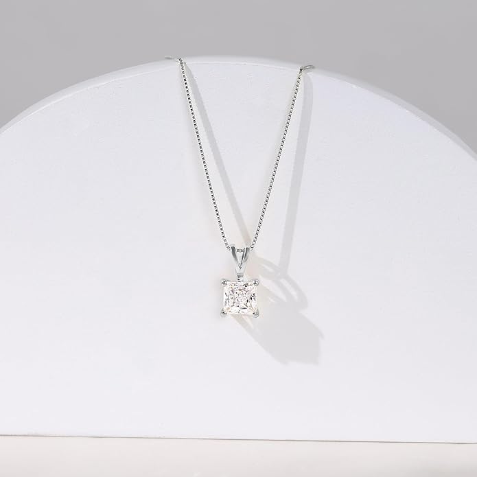 Everyday Elegance Solid 14K Gold Cubic Zirconia Solitaire Pendant Necklace for Women Heart, Princess, Round, Oval, Emerald, Pear & Cushion Cut 1 or 2 CTW | .60mm Thick 16" 18" Length Box Link Chain