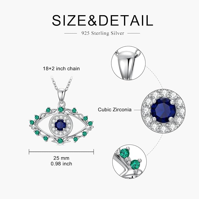 925 Sterling Silver Evil Eye Protection Necklace Jewelry for Women, Ojo Turco Pendant Luck Amulet, Birthday Gift for Women Her, with 18+2inch Chain