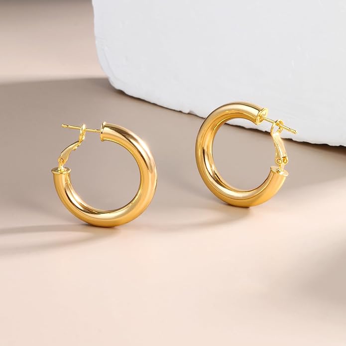 8YEARS Chunky Gold Hoop Earring for Women, 18K Gold Plated Lightweight Thick Hoops, Hypoallergenic Trendy Jewelry for Gift