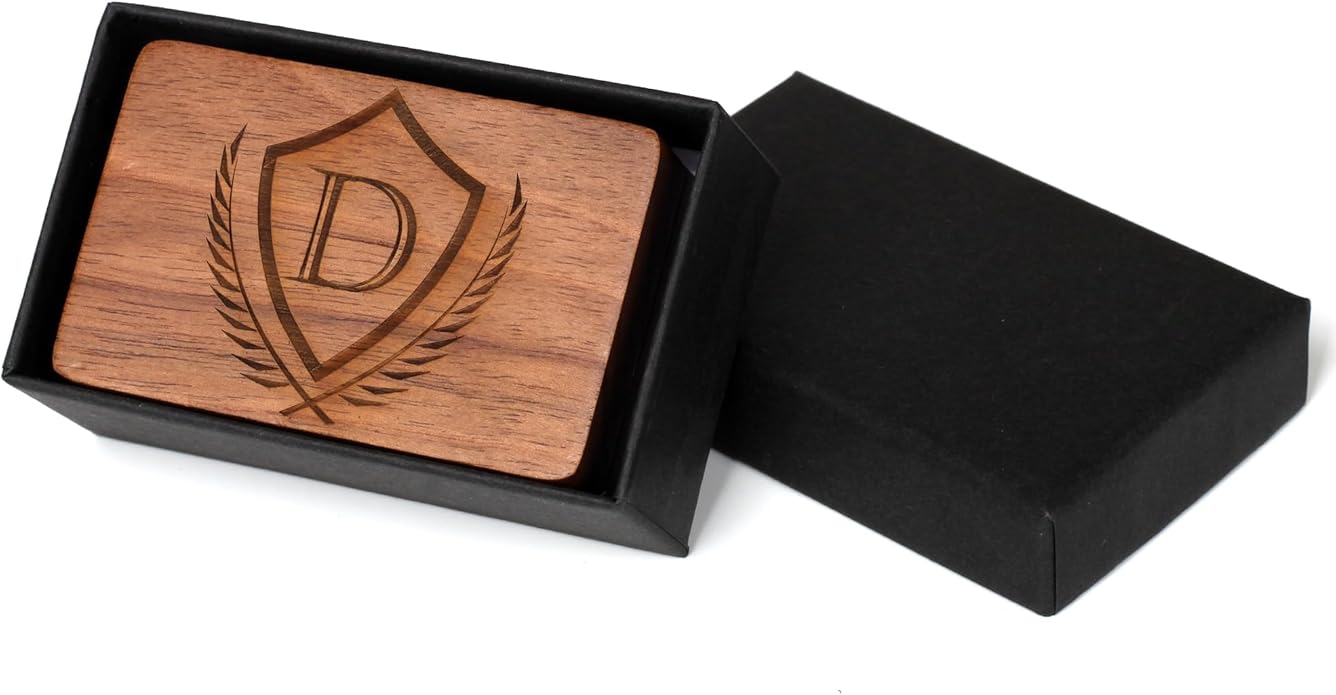 Mens Initial Cufflinks and Tie Clip A-Z Alphabet Letter Black Stainless Cuff Links Tie Bar with Engraved Walnut Wood Box Groom Groomsman Wedding Set