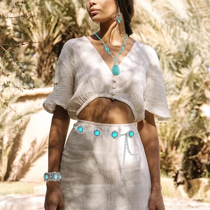 Bohemian Turquoise Necklace Set - Women's Western Jewelry with Long Choker, Pendant, Dangle Earrings, Layered Bracelets