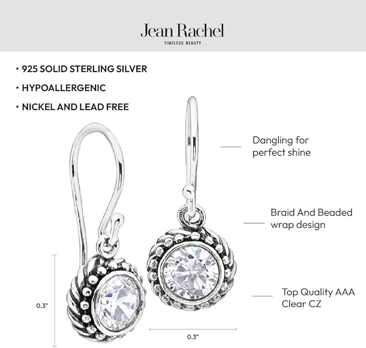 JEAN RACHEL JEWELRY 925 Sterling Silver Dangle Earrings for Women - Rope with Cubic Zirconia Vintage Design - Hypoallergenic, Lead & Nickel Free - Artisan Handcrafted Statement Earrings