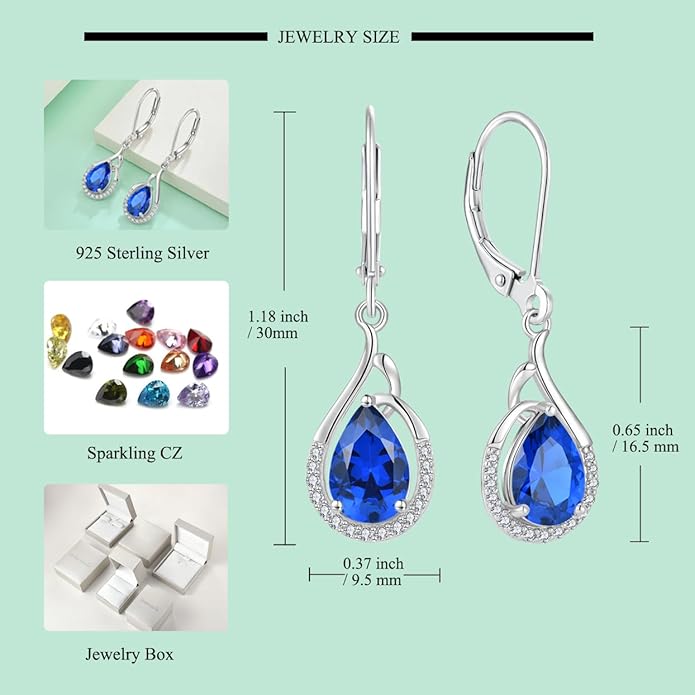 Starchenie Teardrop Dangle Drop Earrings 925 Sterling Silver Pear Birthstones Leverback Earrings Gift for Women