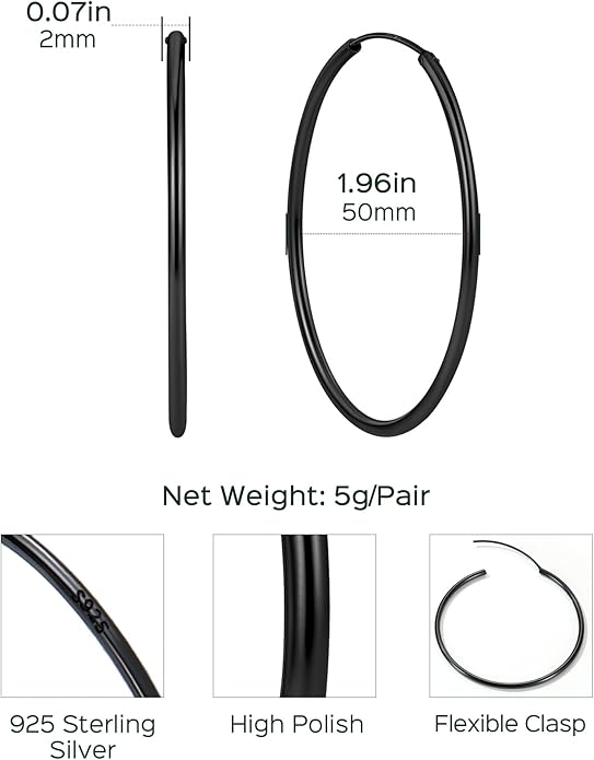 ChicSilver Hypoallergenic 925 Sterling Silver Hoop Earrings for Women, Lightweight Large Gold Plated Hoop Earrings, Endless Hoops Earring 20/30/40/50/60/70MM