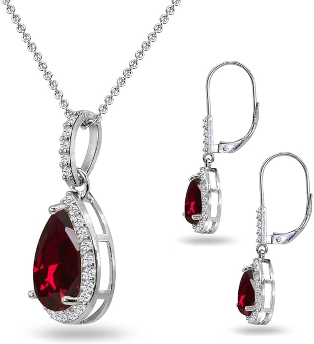 Jewelry Sets for Women, Necklace and Earring Sets for Women, Birthstone Jewelry, Genuine or Synthetic Gemstones, Teardrop Necklace and Dangle Earrings, Pendant Necklace, Sterling Silver Jewelry