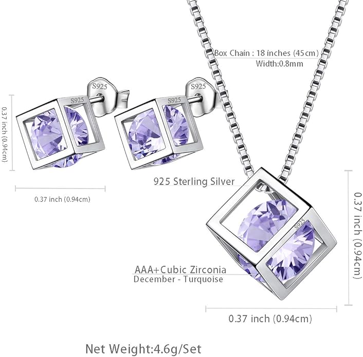 Aurora Tears Birthstone Necklace/Earring 925 Sterling Silver Women Cross/3D Cube/Cresent Moon Birth Stone Jewelry Mens Birthday Gift Anniversary Present