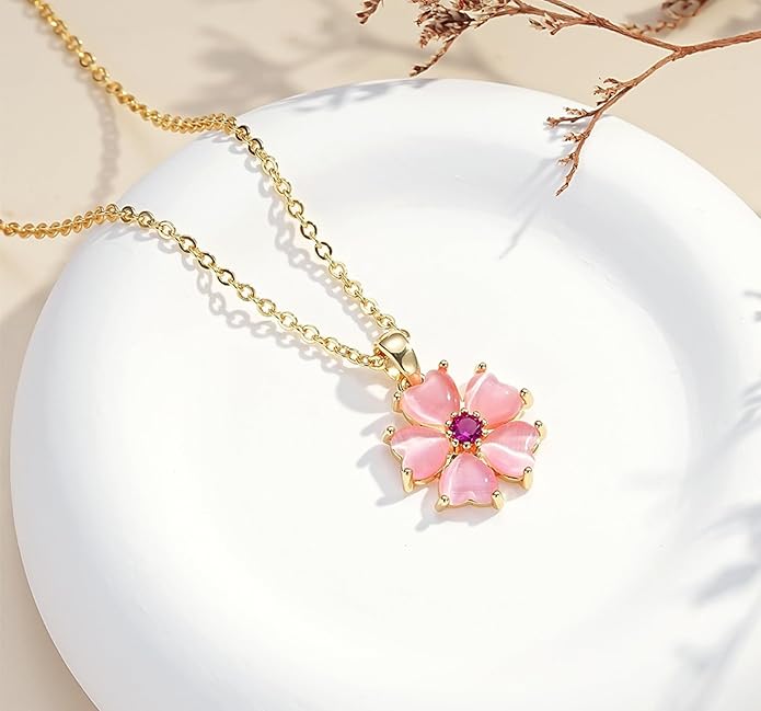 VONSSY Elegant Cherry Blossom Necklace Earrings Pink Cats Eye Flower Flora Sakura Gemstone Crystal Pendant 18k Gold Plated Chain Jewelry Set Gift for Woman Wife Girlfriend