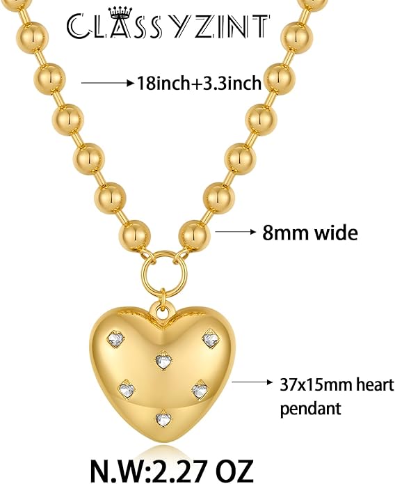 CLASSYZINT Gold Heart Pendant Necklace for Women Puffy Heart Necklace Beads Chain Necklace Statement Necklace Trendy Jewelry