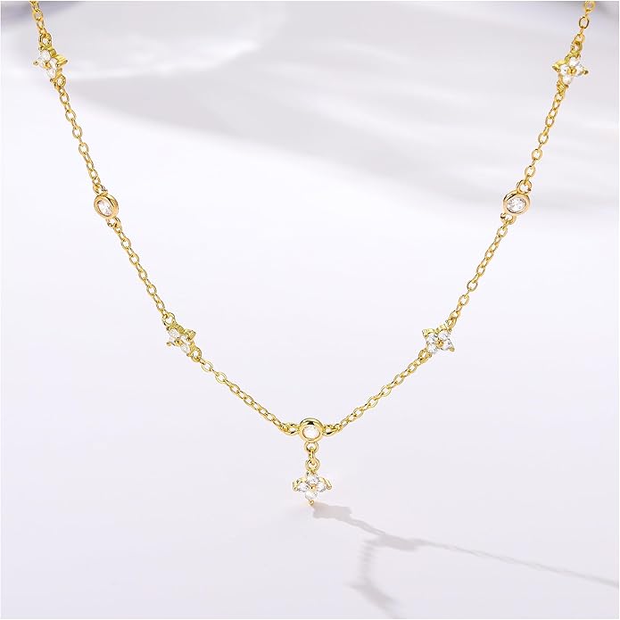 Yoosteel Dainty Gold-plated Clover Pearl Heart Butterfly Star flower Choker Necklace for Women - 14K Gold Plated Cubic Zirconia Pendant Station Necklaces for Women Teens Trendy Prom Jewelry Gifts