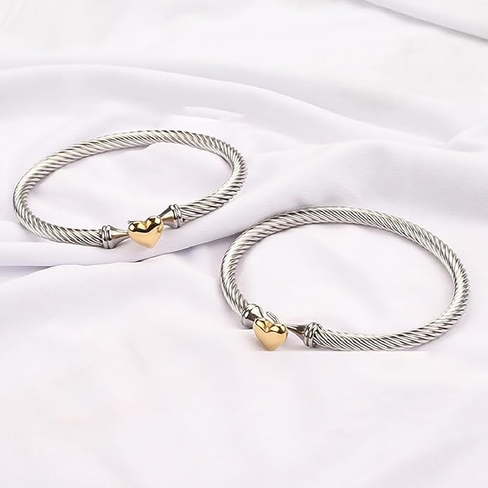 Adjustable Twist Stainless Steel Cable Wire 14K Gold Plated Love Heart Charm Bracelets Friendship Open Bangle Wrist Cuff for Women Men