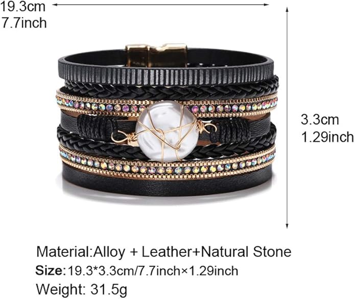 Fesciory Leopard Bracelet for Women, Boho Leather Wrap Multi-Layer Pearl Crystal Bracelet Bangle Jewelry