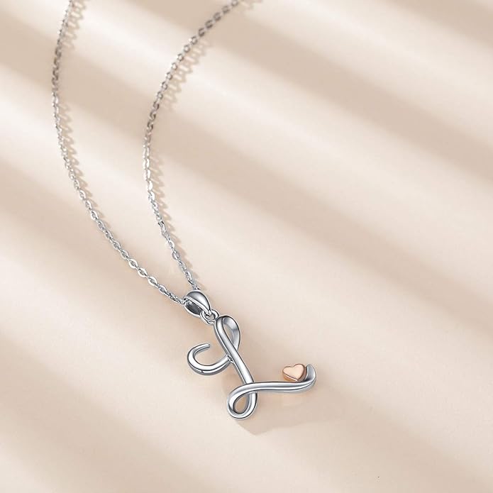 CELESTIA 925 Sterling Silver Initial Necklaces 26 Letter with Rose Gold Heart - 18 Inch Chain